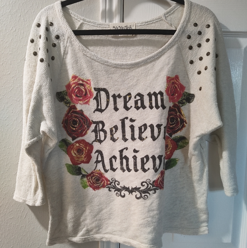 Ya Ya Club Dream Believe Achieve Studded Rose Knit Top Size Large Women's Boho